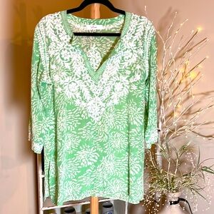 Amaya 42 (12) 100% silk.Gorgeous light, green/white embroidered dress/cover-up.